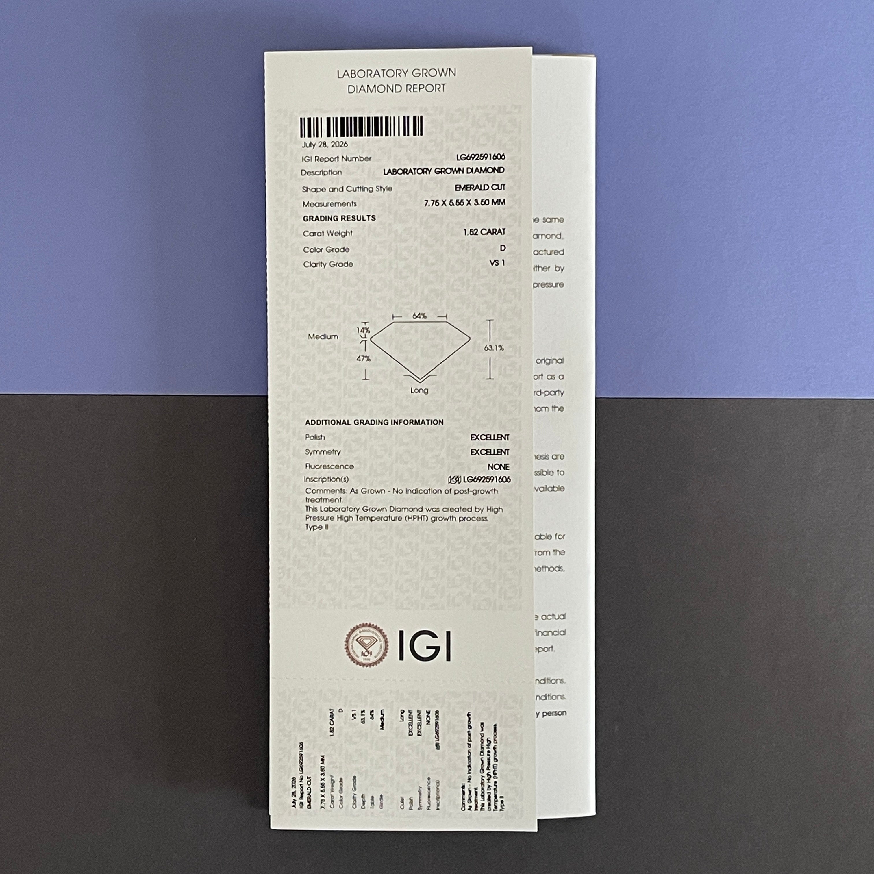 1.52ct Emerald Cut VS1 D HPHT Lab Diamond | IGI  Report | Excellent Polish & Excellent Symmetry | Gemdrop® Verified