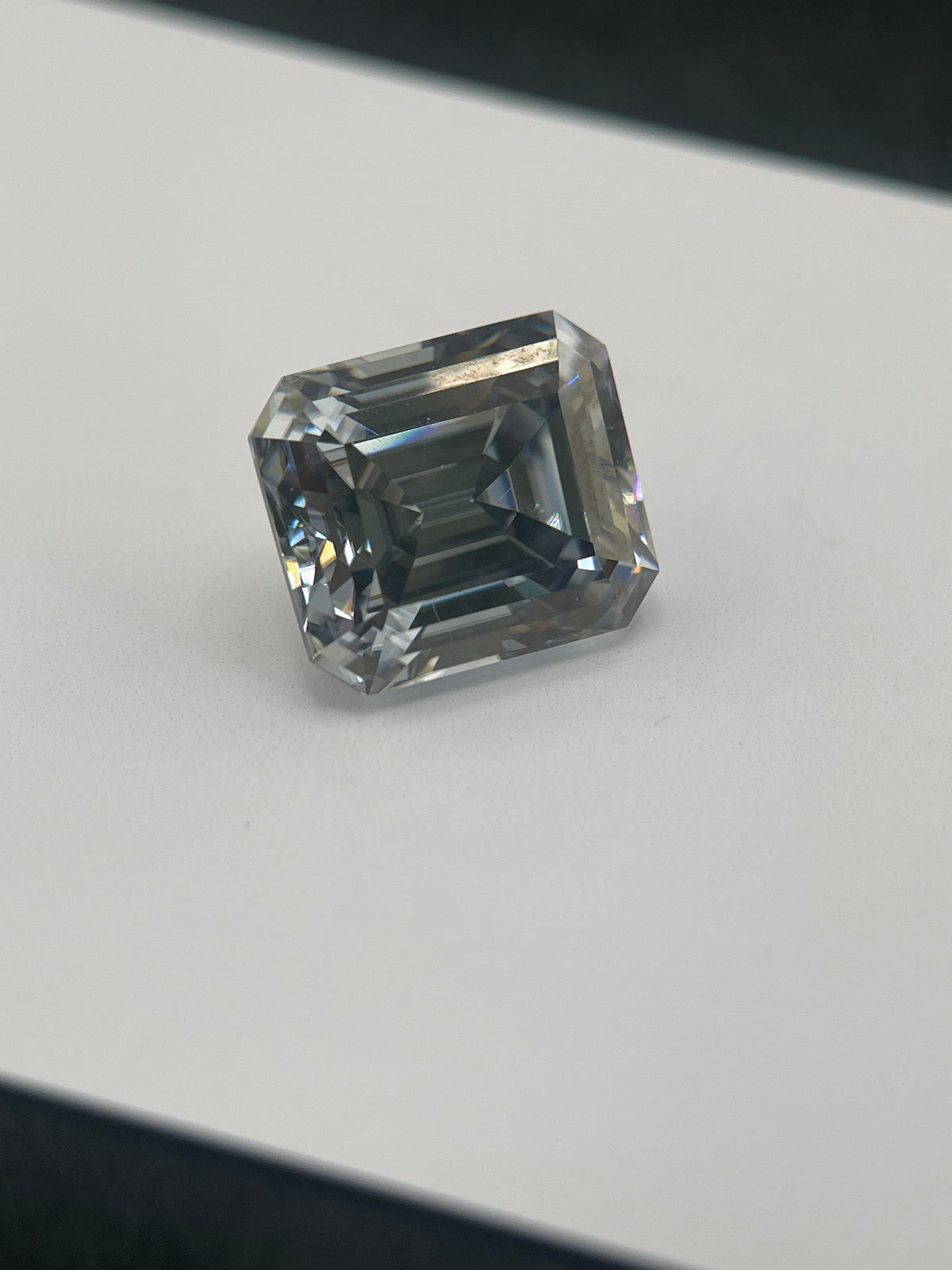 11 Carat Emerald Cut VVS1 Hebridean Grey Moissanite Space Diamond | 12 x 14 mm | Gemdrop® Verified