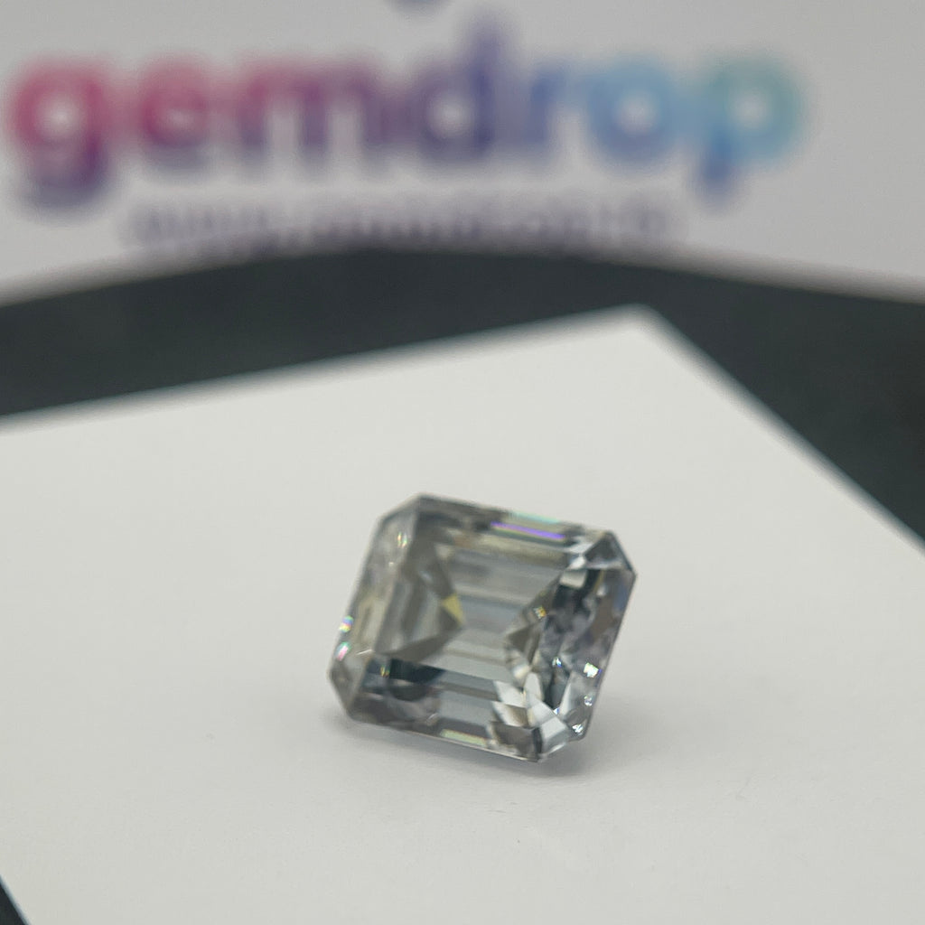 11 Carat Emerald Cut VVS1 Hebridean Grey Moissanite Space Diamond | 12 x 14 mm | Gemdrop® Verified