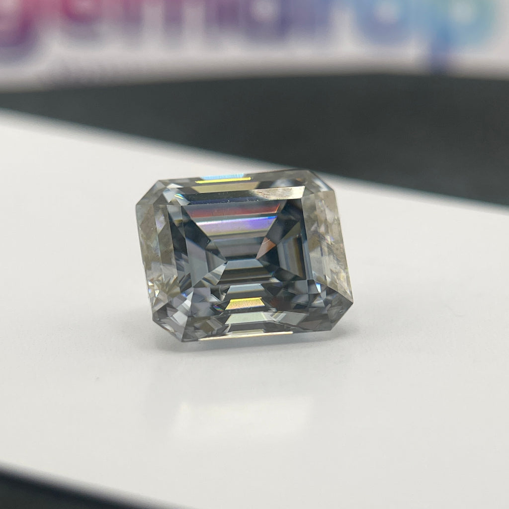 11 Carat Emerald Cut VVS1 Hebridean Grey Moissanite Space Diamond | 12 x 14 mm | Gemdrop® Verified