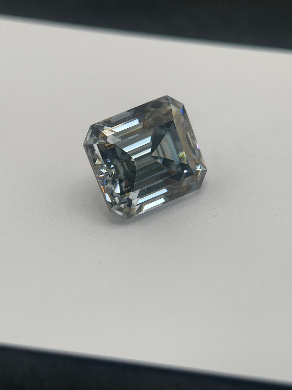 11 Carat Emerald Cut VVS1 Hebridean Grey Moissanite Space Diamond | 12 x 14 mm | Gemdrop® Verified
