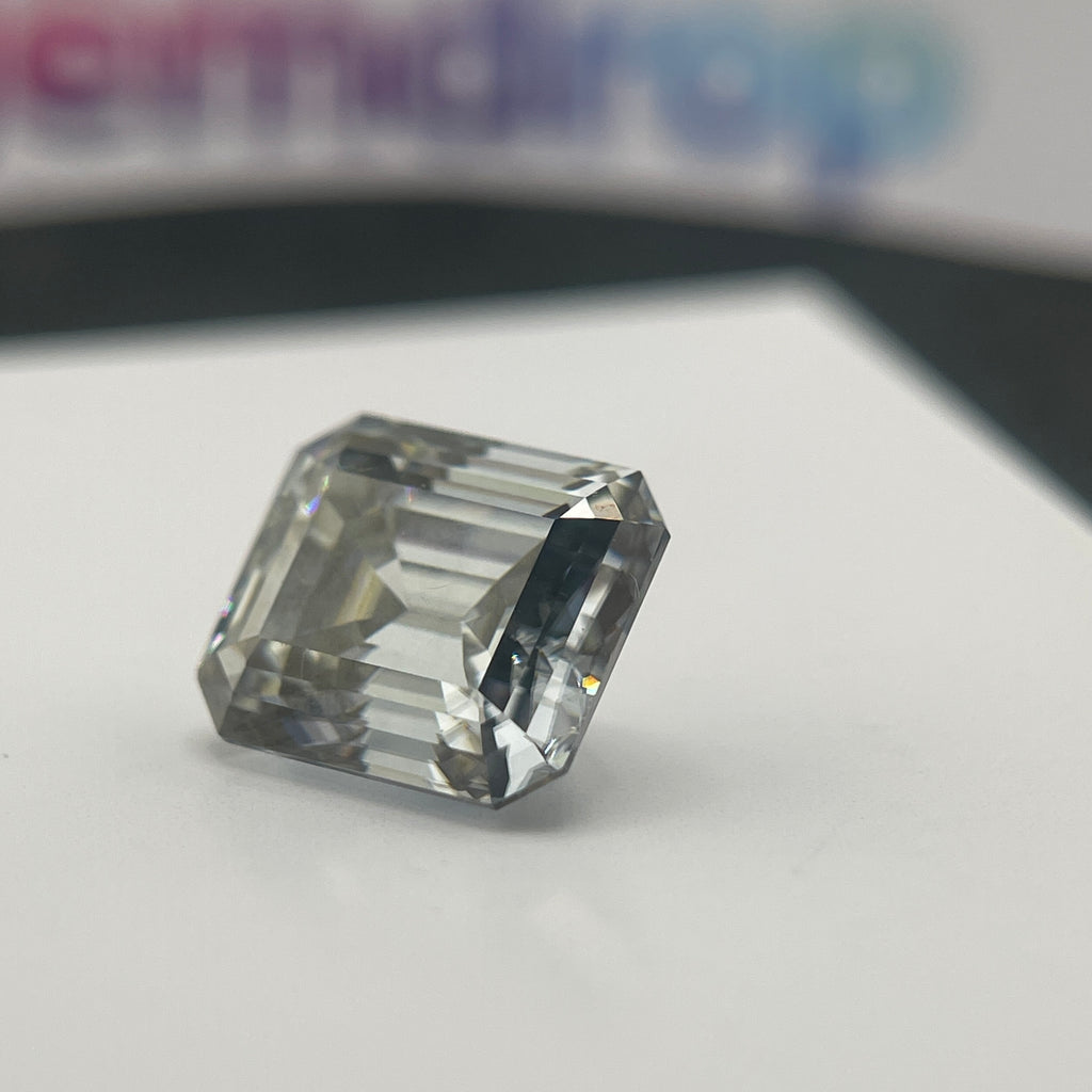 11 Carat Emerald Cut VVS1 Hebridean Grey Moissanite Space Diamond | 12 x 14 mm | Gemdrop® Verified