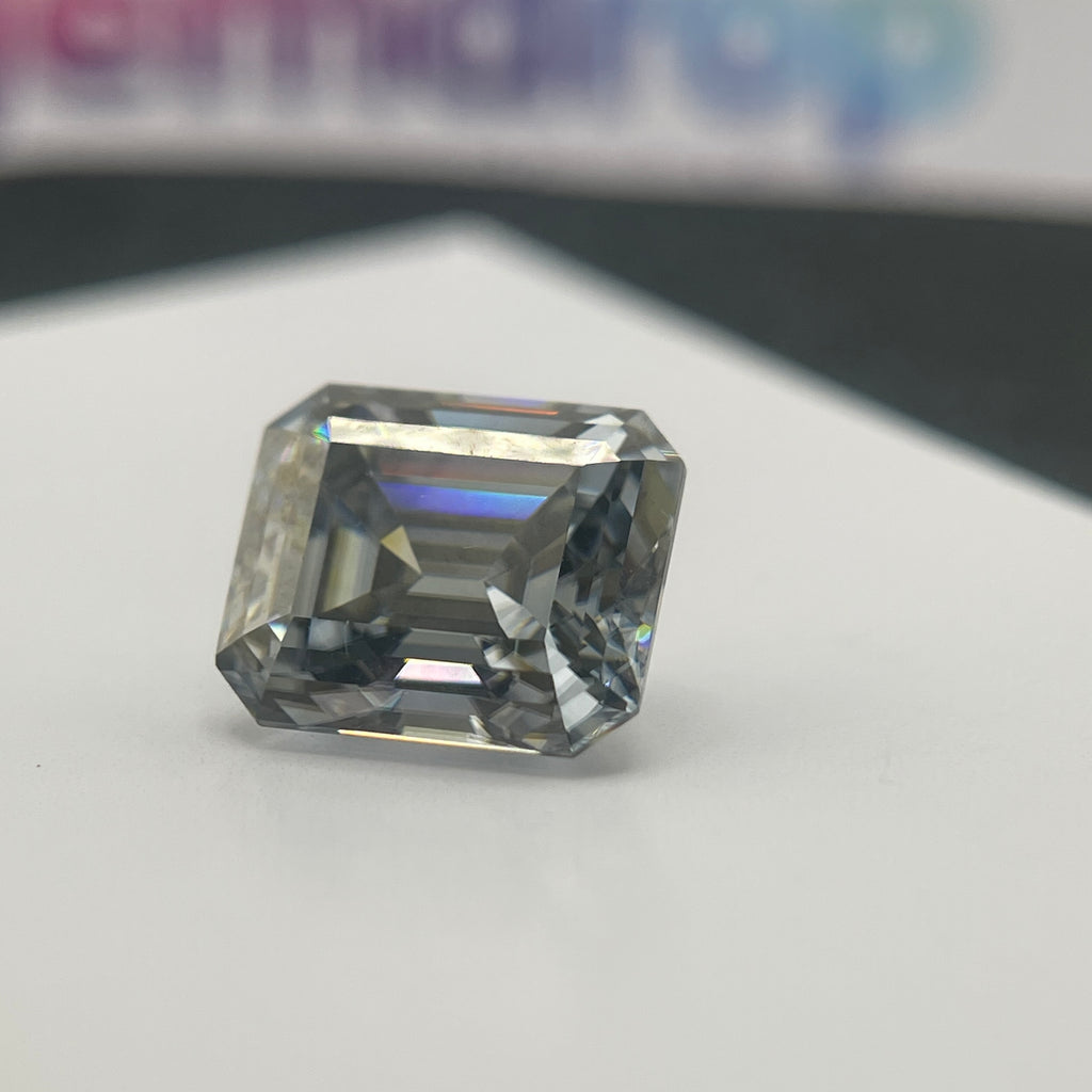 11 Carat Emerald Cut VVS1 Hebridean Grey Moissanite Space Diamond | 12 x 14 mm | Gemdrop® Verified