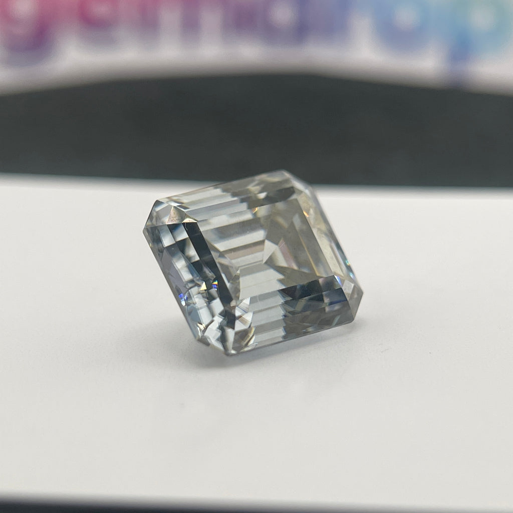 11 Carat Emerald Cut VVS1 Hebridean Grey Moissanite Space Diamond | 12 x 14 mm | Gemdrop® Verified