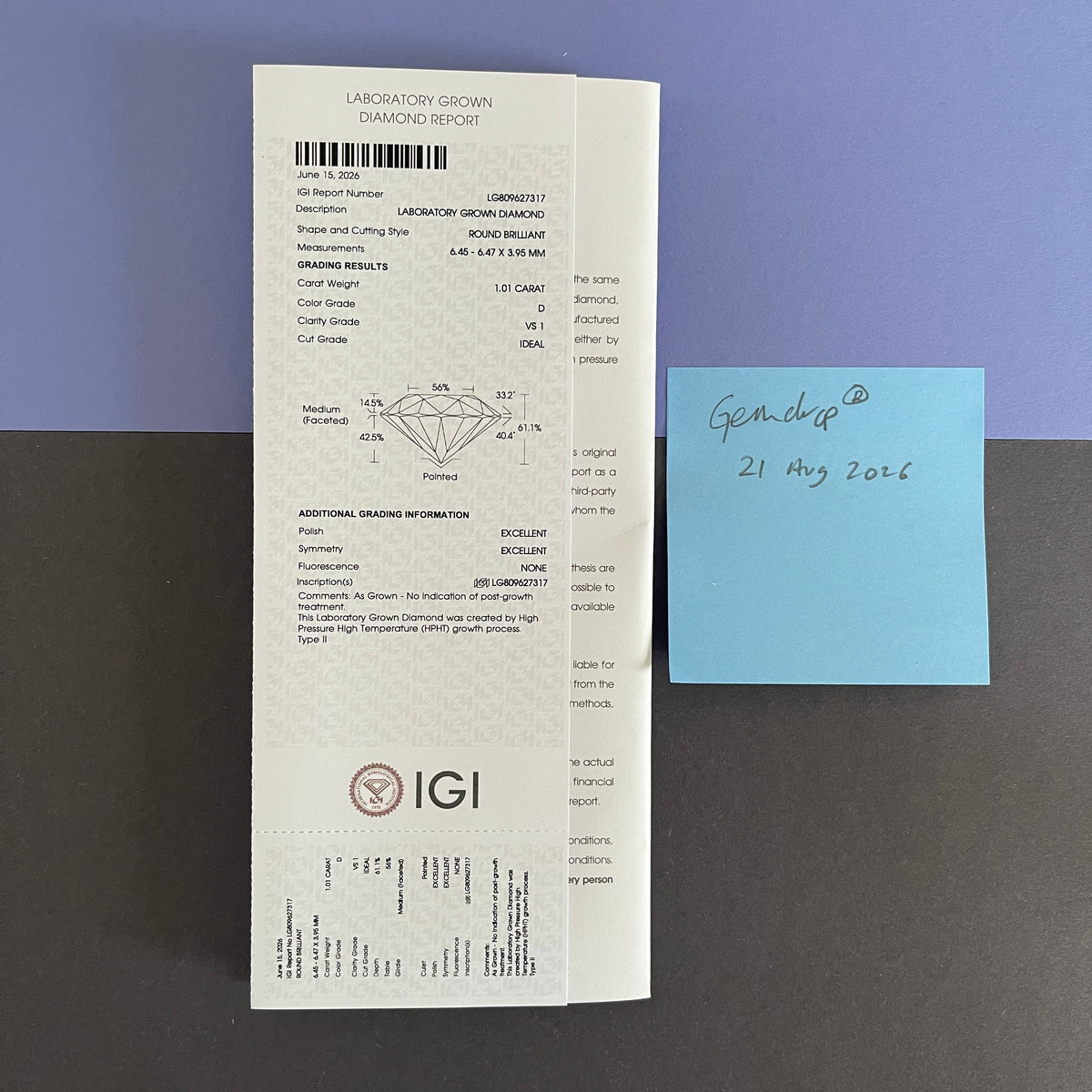 1.01ct Round Brilliant Cut  | VS1 D HPHT Lab Diamond | IGI  Report | 2EX + Ideal Cut | Gemdrop® Verified