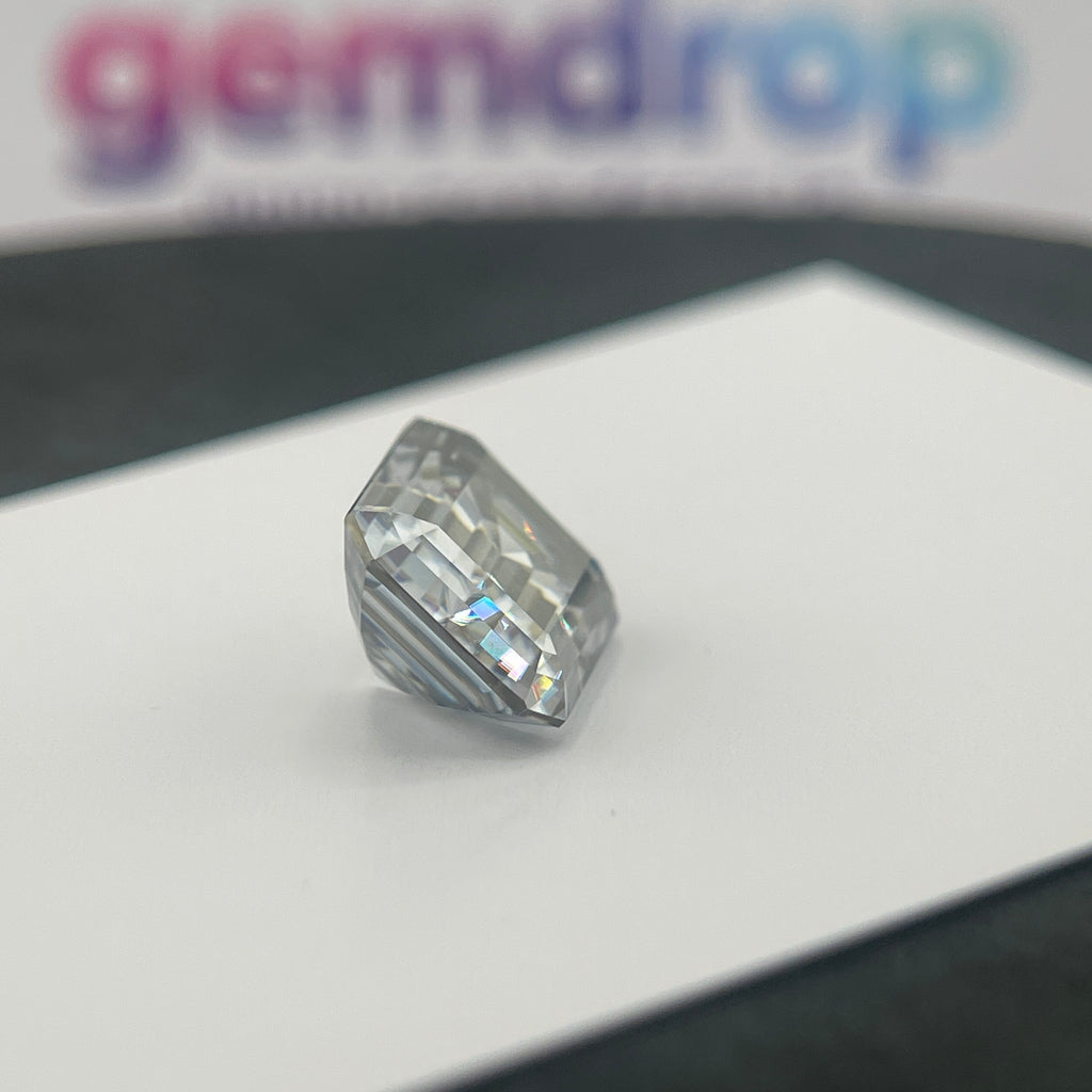 11 Carat Emerald Cut VVS1 Hebridean Grey Moissanite Space Diamond | 12 x 14 mm | Gemdrop® Verified