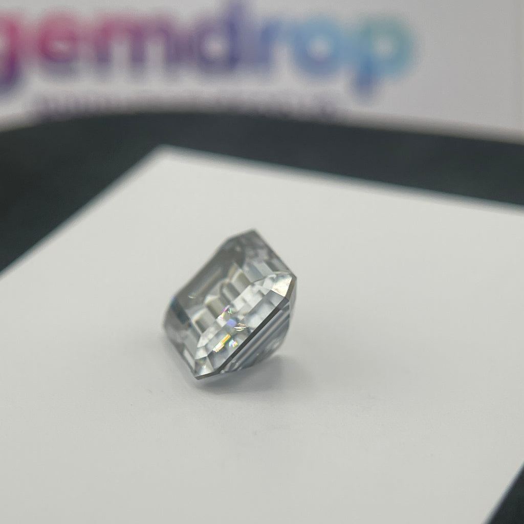 11 Carat Emerald Cut VVS1 Hebridean Grey Moissanite Space Diamond | 12 x 14 mm | Gemdrop® Verified