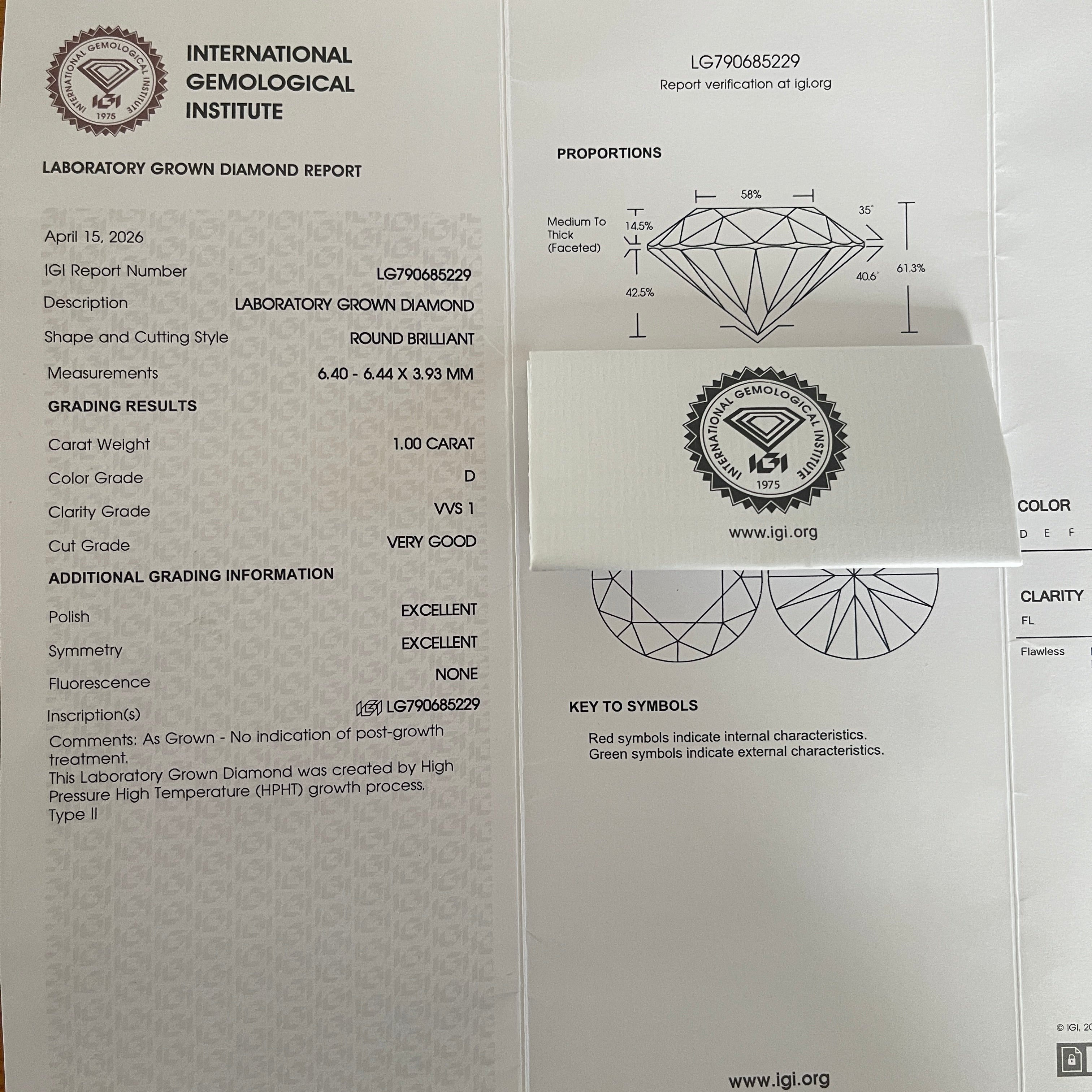 1ct VVS1 D HPHT Lab Diamond | Round Brilliant Cut | VG Cut, 2EX | Gemdrop® Verified