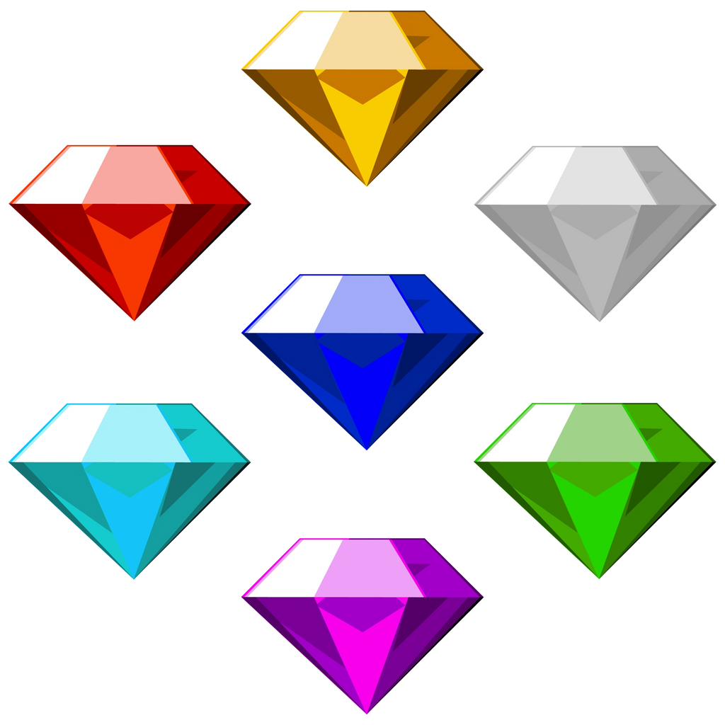 Sonic the Hedgehog Chaos Emerald Set | 7x ~2ct Round Cut 8 mm | Multicolour | Gemdrop® Verified