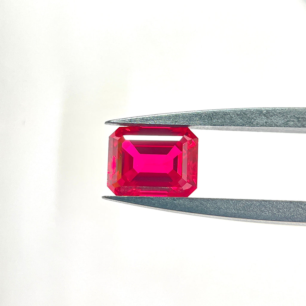 ~4.19ct Pigeon Blood Red Czochralski Sapphire | Emerald Cut | 8 × 10 mm | Gemdrop® Verified