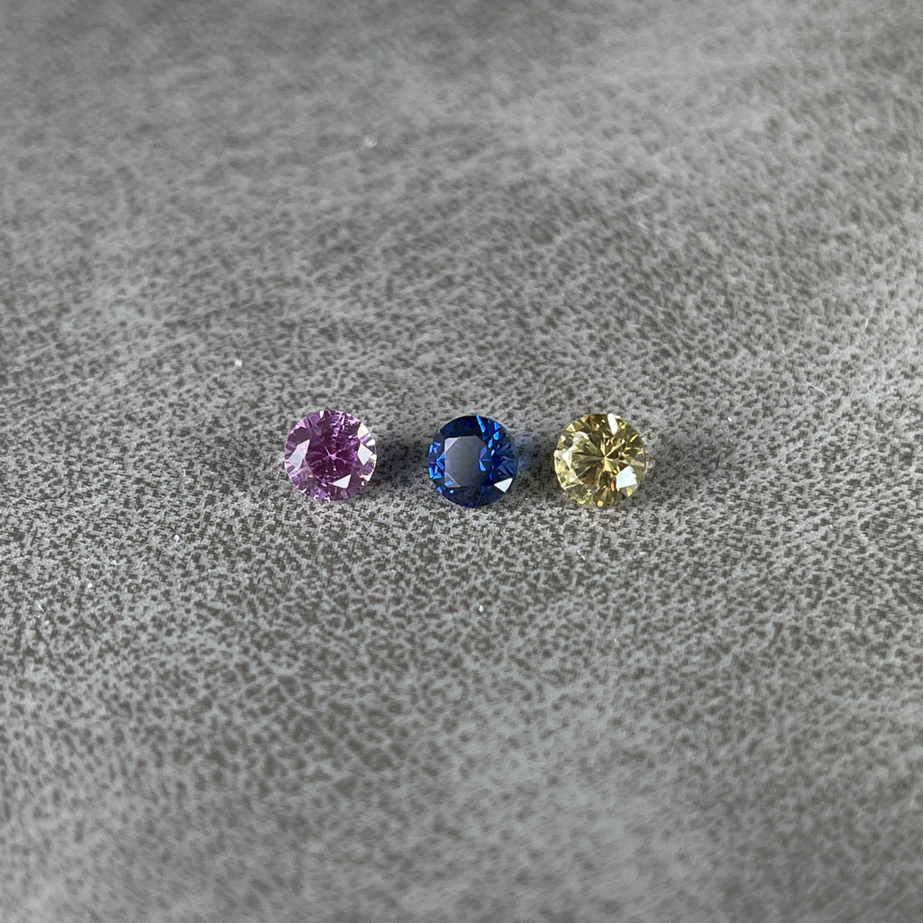 ~0.1ct Sapphire | Round Brilliant Cut | 3 mm | Pink, Royal Blue & Honey Yellow | Gemdrop® Verified