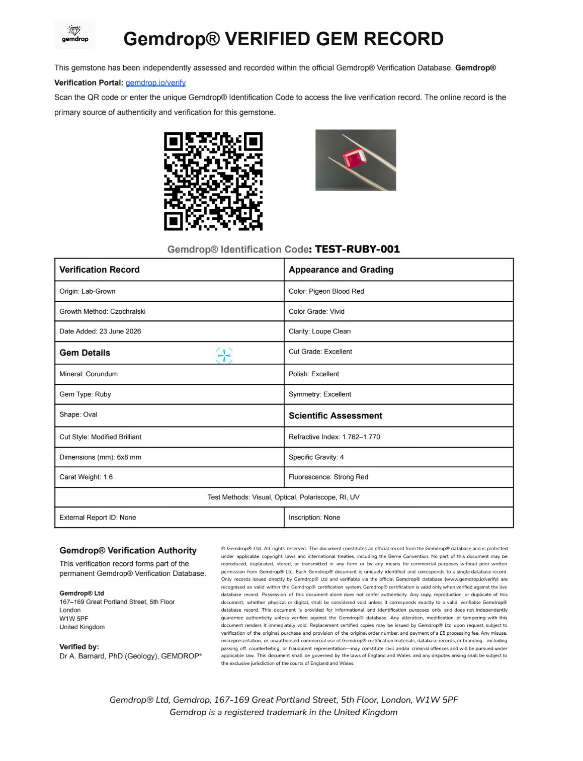 Paper Copy Gemdrop® VERIFIED GEM RECORD